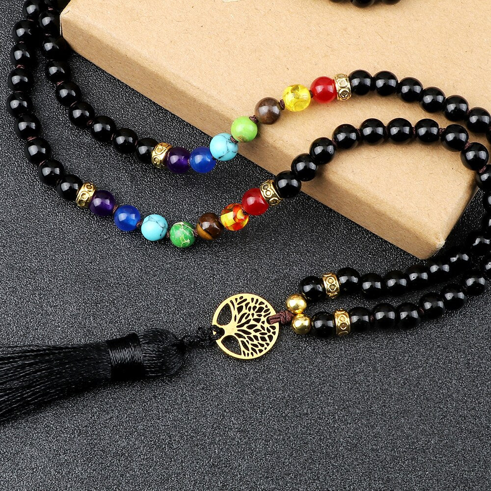 Collier 108 Perles Mala : Ében Chakra en Onyx Noir