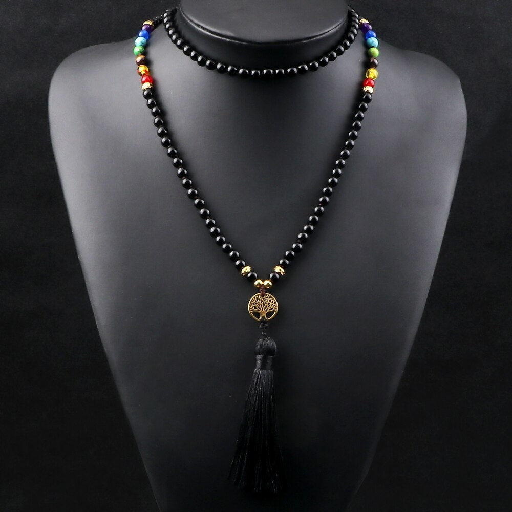 Collier 108 Perles Mala : Ében Chakra en Onyx Noir