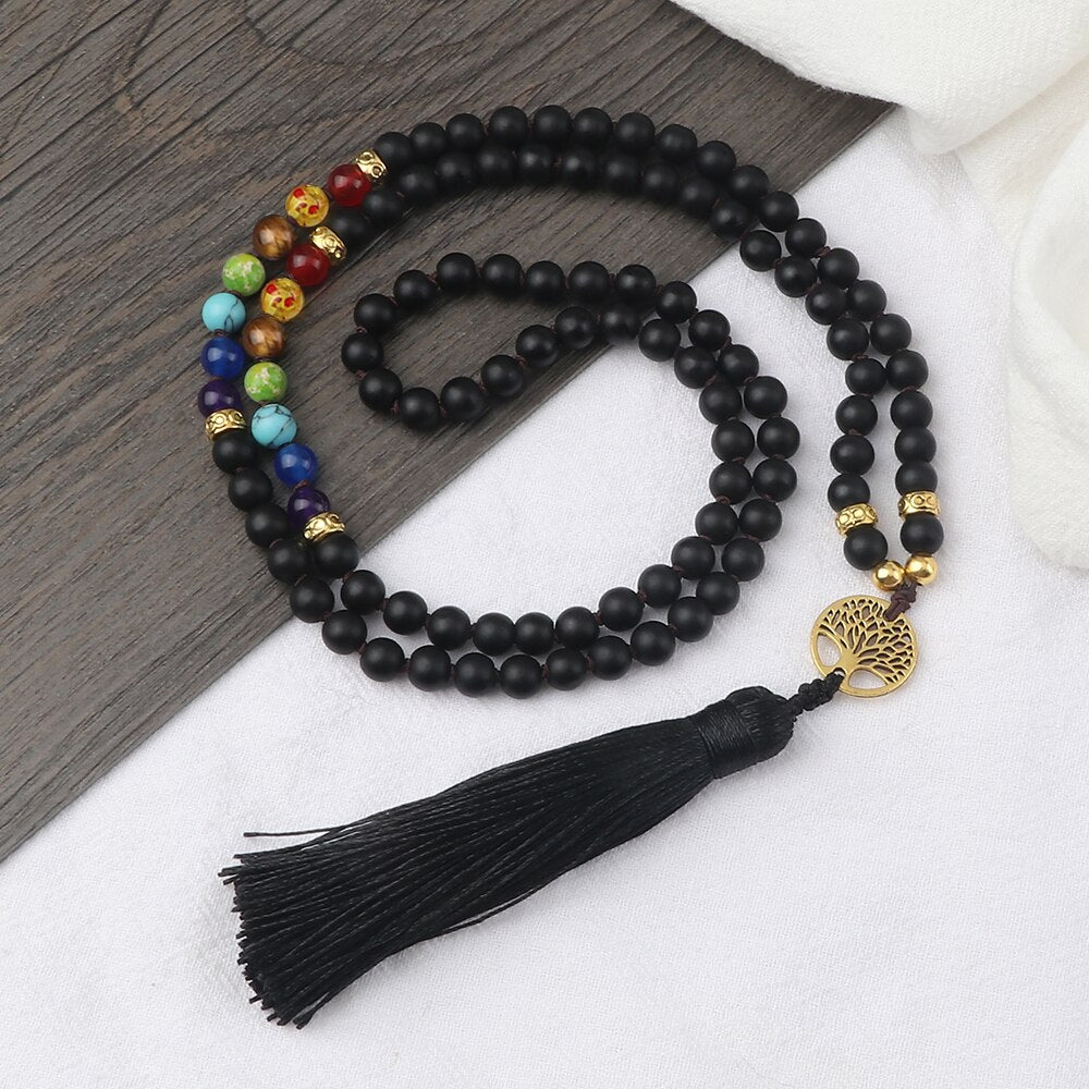 Collier 108 Perles Mala : Ében Chakra en Onyx Noir